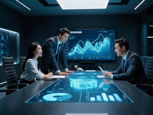 投资者会议场景，商务人士在讨论AI投资项目，现代化会议室